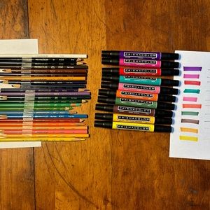 Prismacolor, (10) broad/fine markers, (23) colored pencils